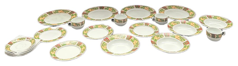 Lot 650: A Collection of Glazed Ceramic Dinnerware with Fruit and Geometric Tile Decoration still in box.