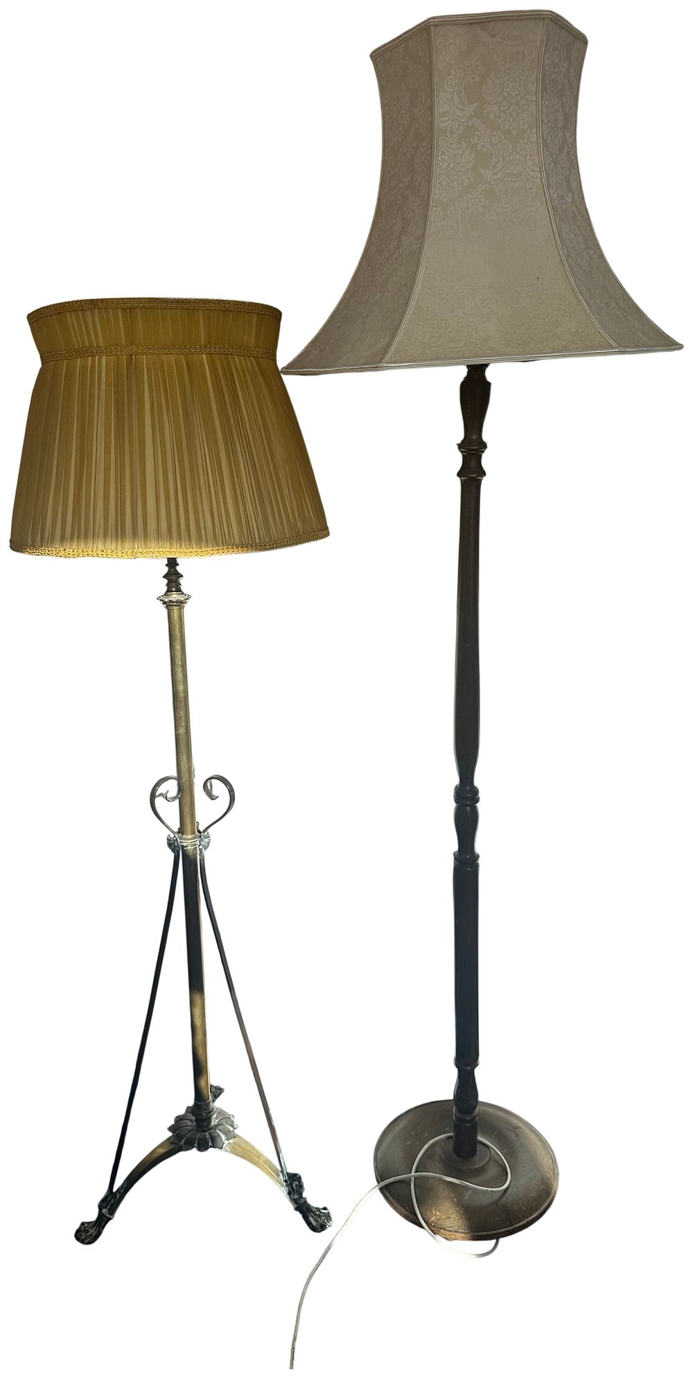 Lot 618: Two Floor Lamps Comprising a Turned Wood Example and a Brass Finish Tripod Lamp
