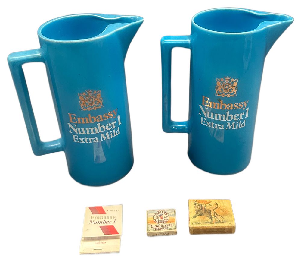 Lot 653: A Pair of Embassy Number 1 Extra Mild Advertising Water Jugs and Associated Tobacciana Ephemera