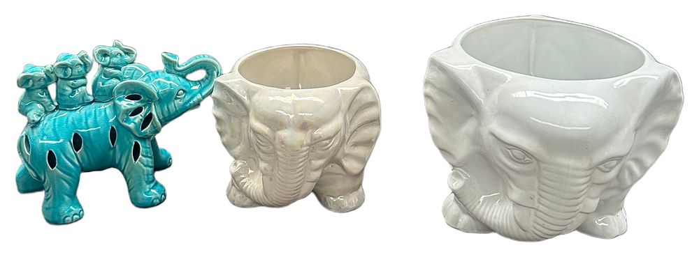 Lot 657: A Trio of Glazed Ceramic Elephant Decorative Items