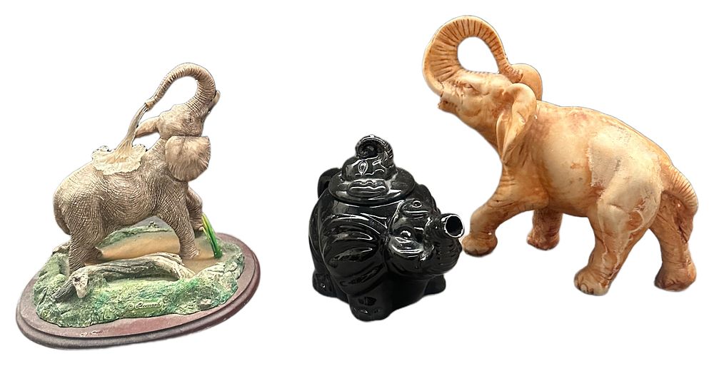 Lot 629: A Trio of Decorative Elephant Figurines Including Leonardo and Novelty Teapot
