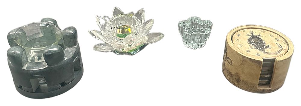 Lot 661: An Assortment of Decorative Glass and Metal Candle Holders with a Coaster Set