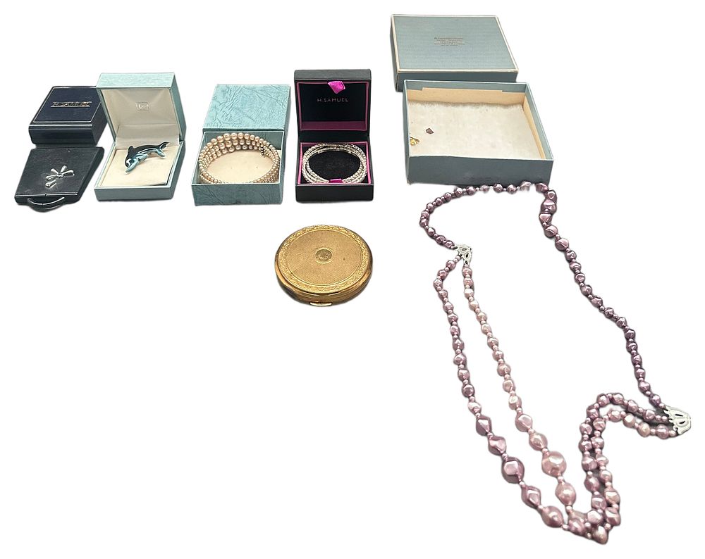 Lot 639: A Collection of Jewellery and Accessories to include Faux Pearl Necklaces, Bracelets, an Enamel Brooch, and a Stratton Powder Compact