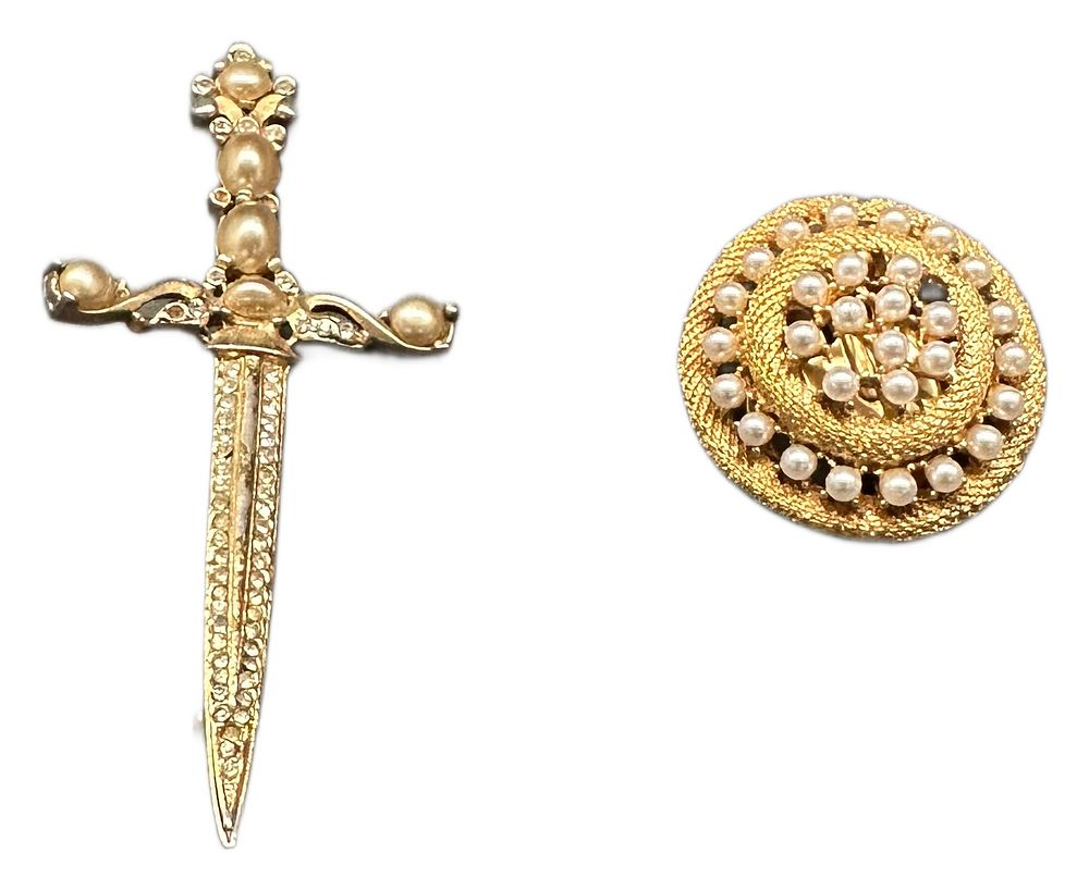 Lot 643: Two Gold Tone Faux Pearl and Rhinestone Brooches