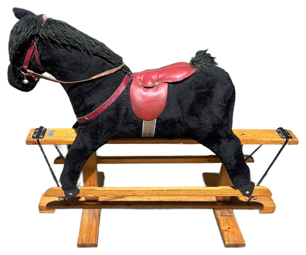 Lot 27: Vintage Pegasus Black Plush Rocking Horse on Wooden Safety Stand