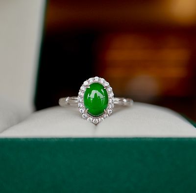 Natural Grade A Jadeite Ring Main Stone Approximately 8x6mm Ice Sun Green Inlaid with S925