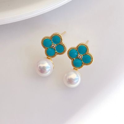 Luxury blue turquoise earrings, natural freshwater pearls, sterling silver earrings Freight: