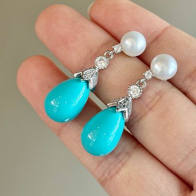 New turquoise water drop earrings, natural freshwater pearls, sterling silver earrings Freight: