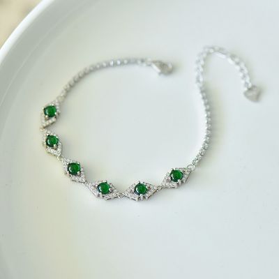 925 silver inlaid jadeite cabochon zircon plain silver bracelet. 925 silver inlaid jade