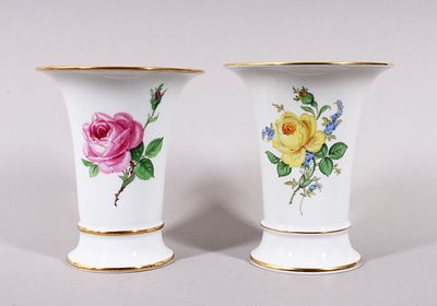 Pair of trumpet vases, Meissen, "German Flower" and "Red Rose" decorations, Pfeiffer period 