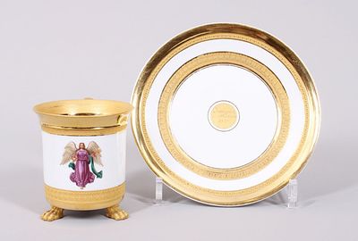 Large decorative cup and saucer, KPM Berlin, circa 1834 Porcelain, polychrome and gold painted 
