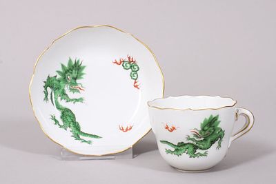 Mocha cup and saucer, Meissen, "New Cut" shape, "Green Court Dragon" decoration, circa 