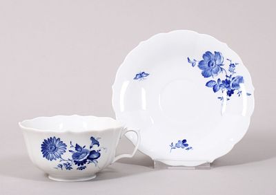 Teacup and saucer, Meissen, "New Cut" shape, "Blue Flower" decoration, 20th century, second 