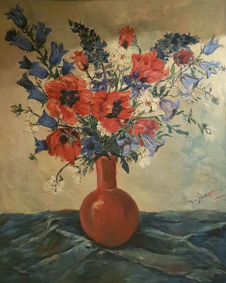 לא ידוע - פרחים. ציור ישן שמן על לוח 56x69