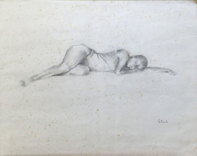 Ofer Lalouche - Lying Figure. Pencil Drawing, 48 x 59 cm. Rust stains, Unframed