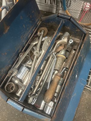 A Vintage Metal Toolbox and Assorted Hand Tools. A collection of vintage hand tools contained 