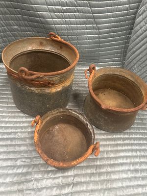 A Trio of Antique Copper and Iron Utilitarian Pails. A graduated trio of heavy-gauge utilitarian 