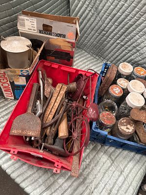 An Assortment of Vintage Workshop Tools, Camping Equipment, and Hardware including Black & 