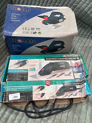 Two Boxed Power Tools comprising a Trojan Electric Planer and a Parkside Electric Scraper. This 