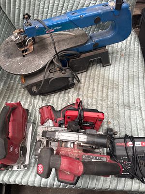 Seven Woodworking and Power Tools including Scheppach Scroll Saw and Einhell Cordless Set. This 