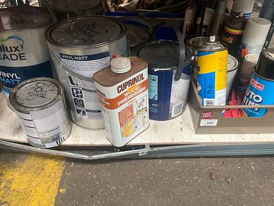 A Collection of Mixed Household and Automotive Paints, Wood Preservatives, and Aerosols. This 