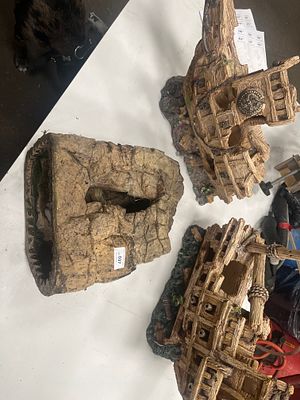 Three Large Aquarium Ornaments Including Underwater Treasures Medieval Battleship. A trio of 