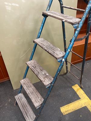 A Vintage Industrial Four-Tread Tubular Steel and Wood Step Ladder. A vintage industrial folding 