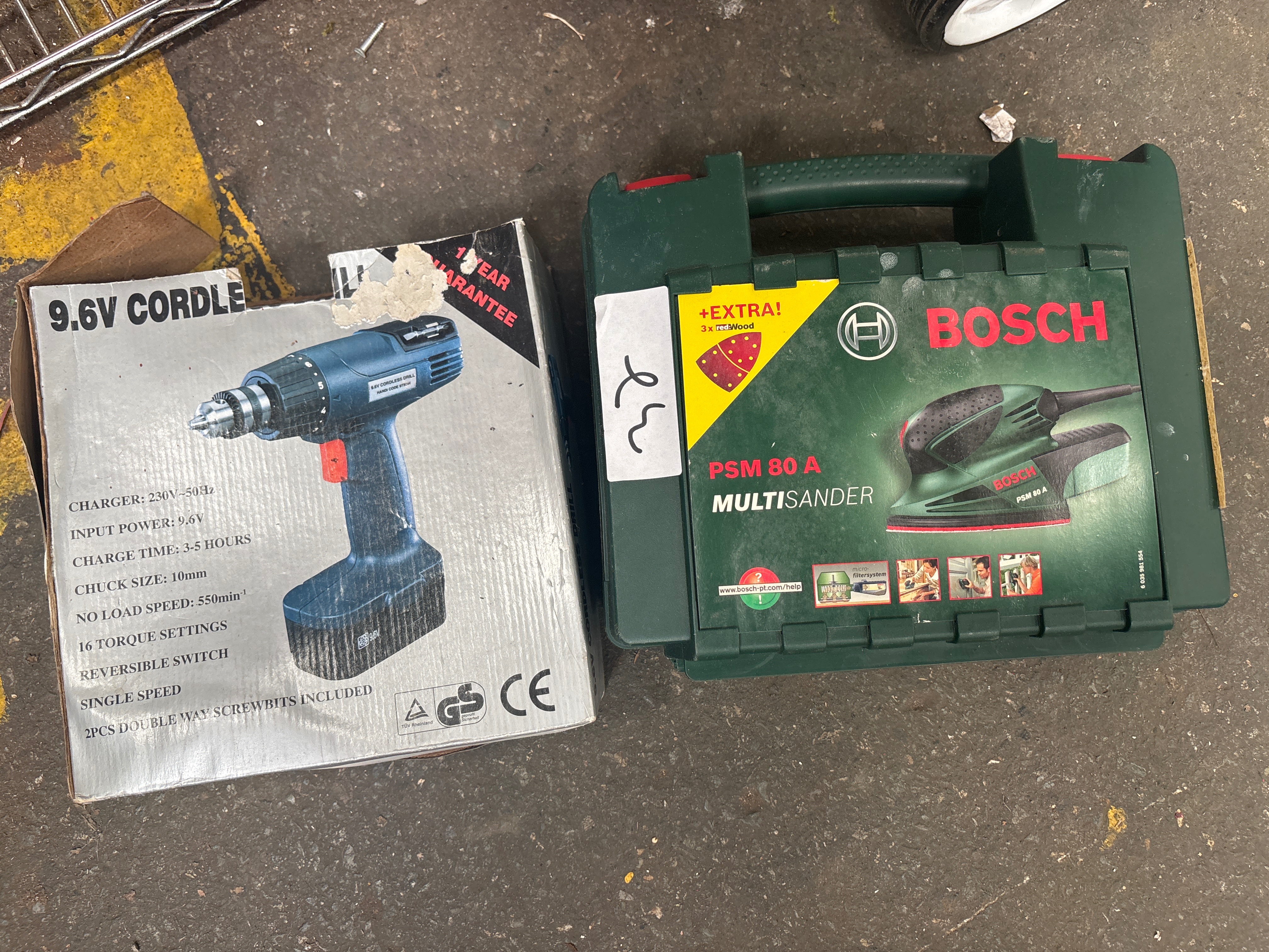 Two Power Tools comprising a Bosch PSM 80 A Multisander and a 9.6V Cordless Drill