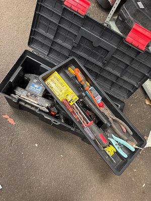 GMC Orbital Sander and An Assortment of Hand Tools in a Plastic Toolbox. A portable black 