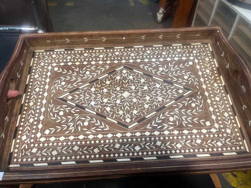 Lot 815: An Anglo-Indian Hoshiarpur Sheesham Wood and Bone Inlaid Tray