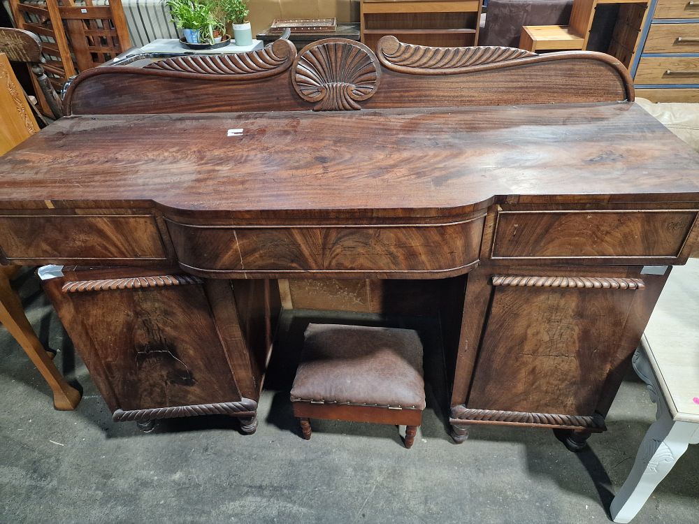 Lot 838: A William IV Flame Mahogany Twin Pedestal Sideboard and Stool