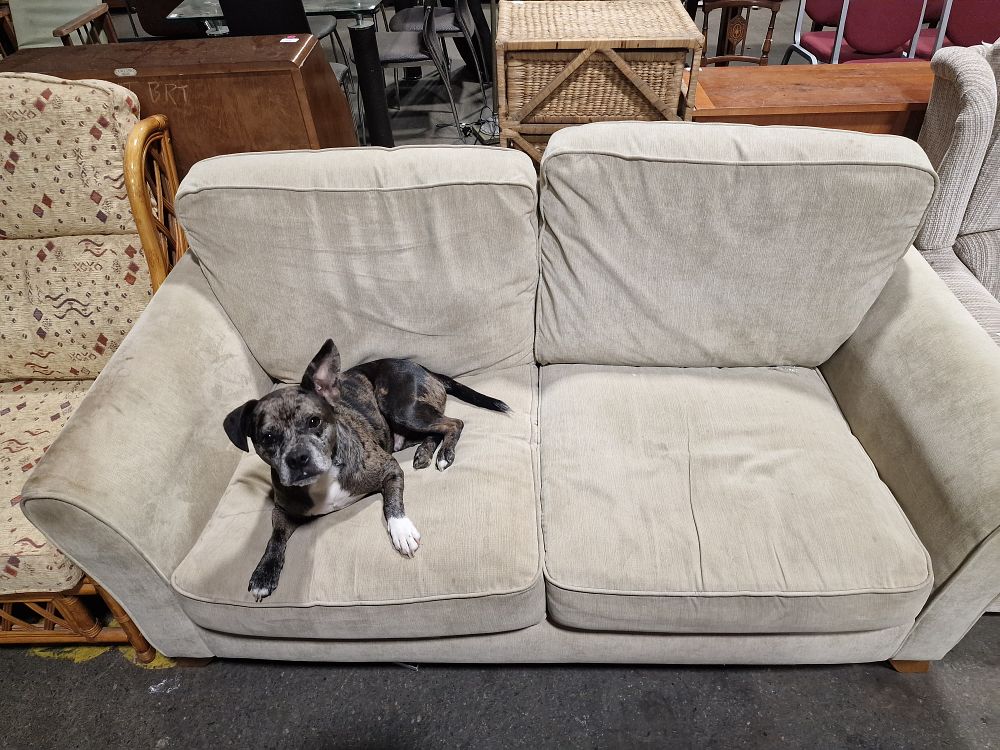 Lot 883: A Contemporary Beige Ribbed Chenille Two-Seater Loveseat