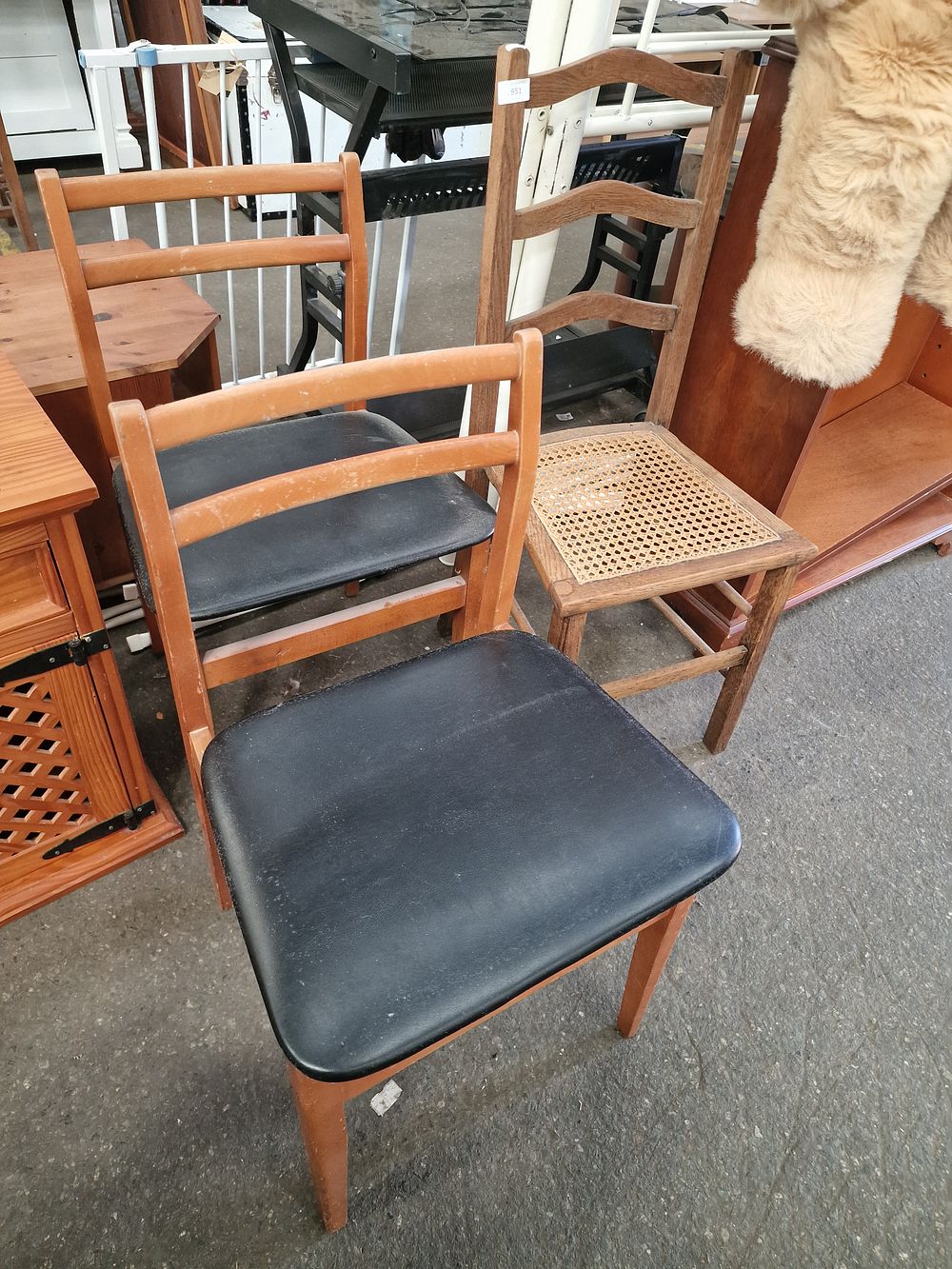 Lot 951: Three Mid-Century Mixed Wood Ladder-Back Dining Chairs