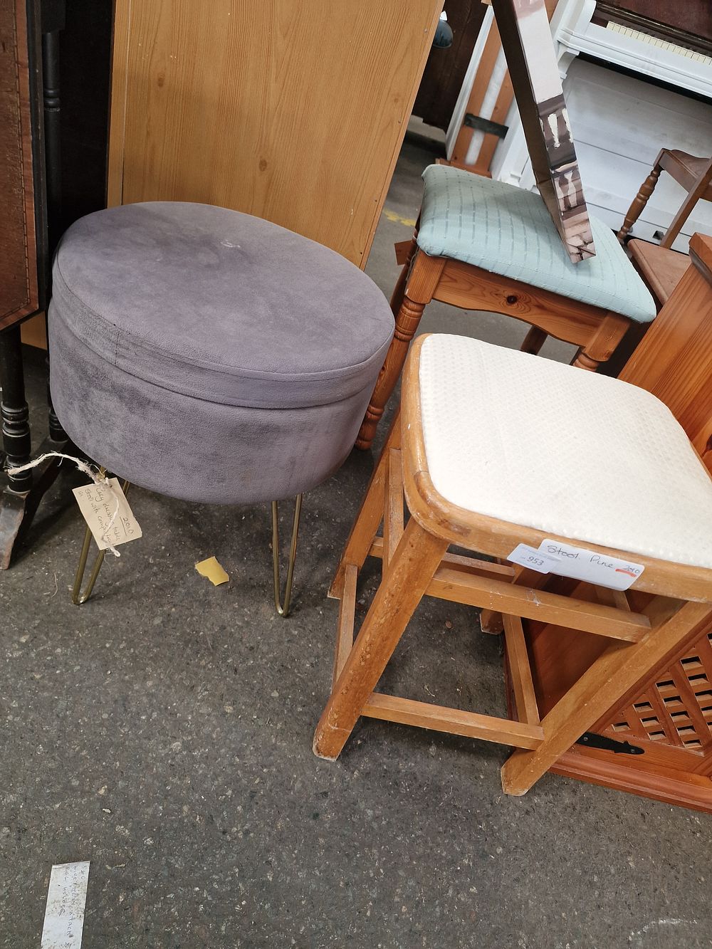 Lot 953: Two Pine and Grey Velvet Dressing Table Stools