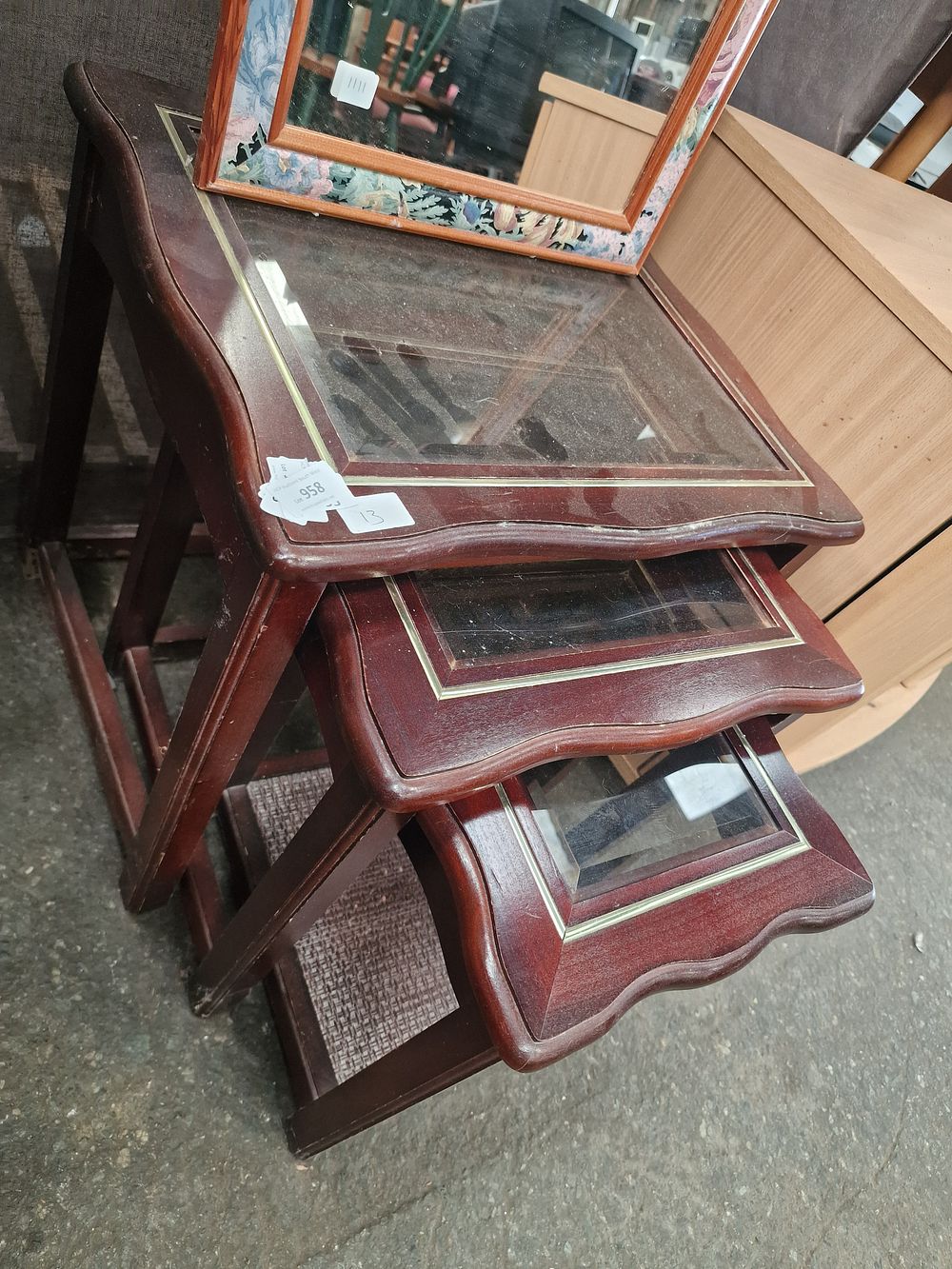 Lot 958: A Trio of Reproduction Mahogany and Glass Inset Nesting Tables