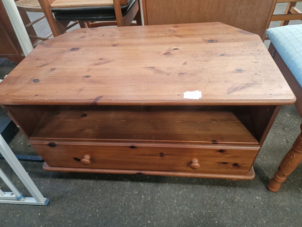 Lot 974: A Solid Pine Corner TV Stand / Media Cabinet