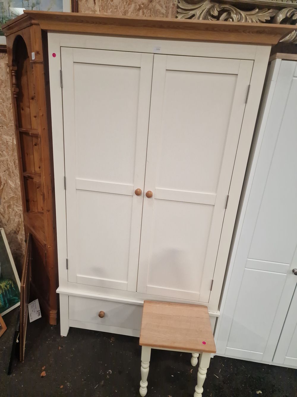 Lot 1023: A Pine and Painted Two-Piece Wardrobe and Matching Stool