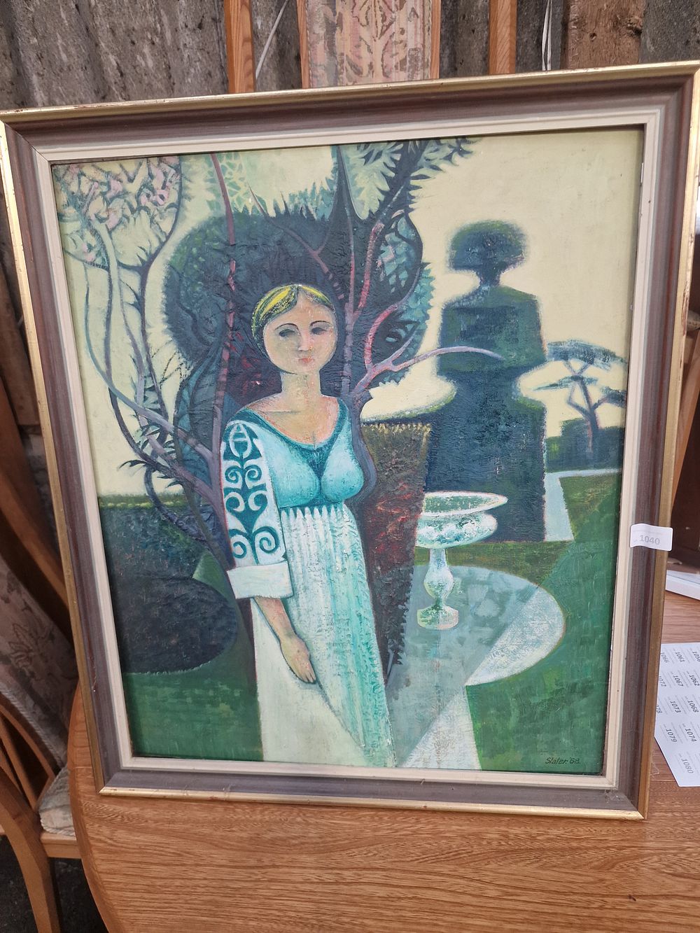 Lot 1040: Richard Slater (1927–2023) – Mid-Century Modernist Oil on Board, Figure in a Garden, Signed & Dated 1968