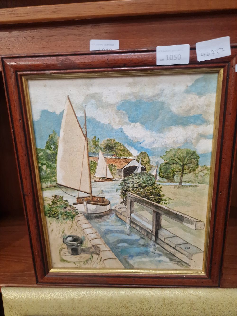 Lot 1050: E.E.A. Signed Mixed Media River Scene with Sailing Boats