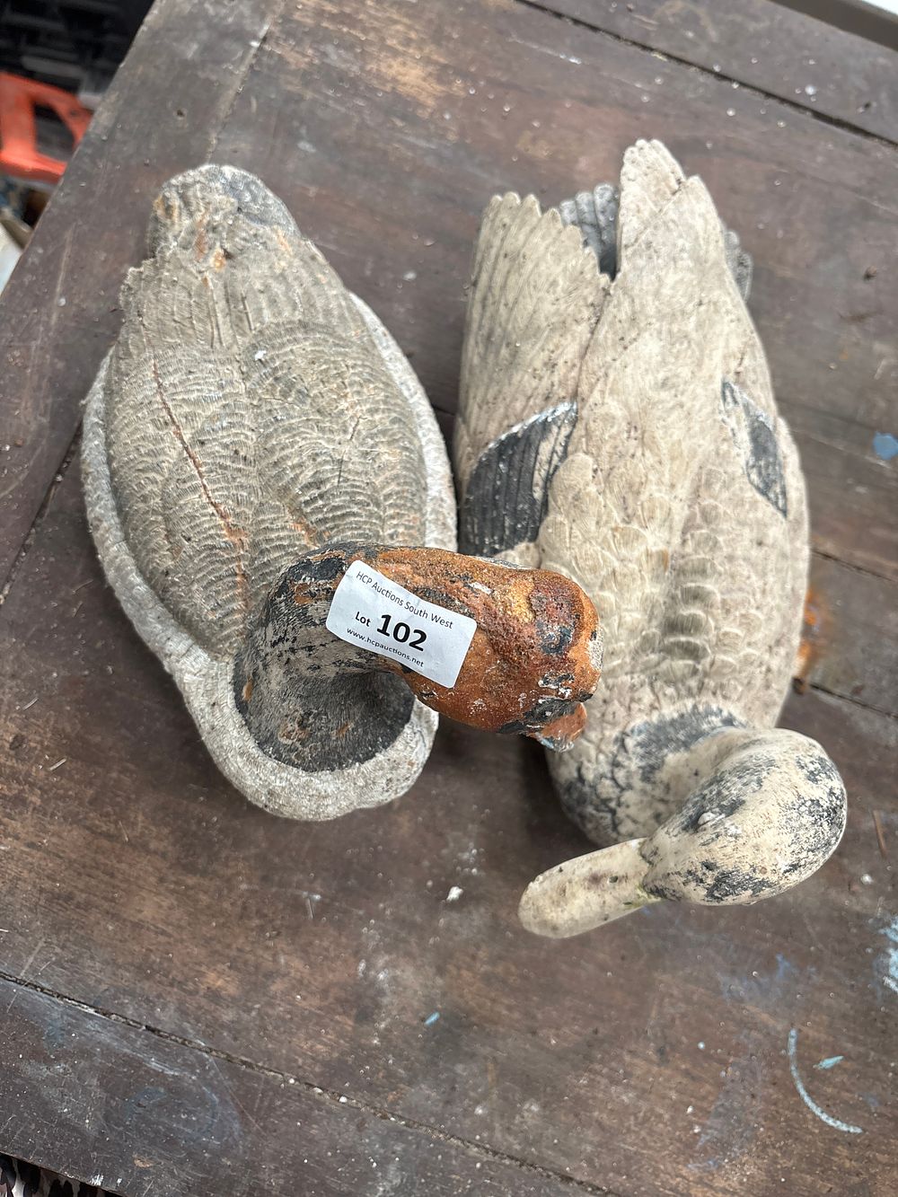 Lot 102: Two Vintage Carved Wood and Cork Duck Decoys