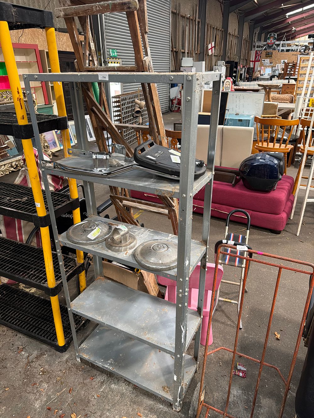 Lot 256: An Assortment of Automotive Components and Workshop Shelving