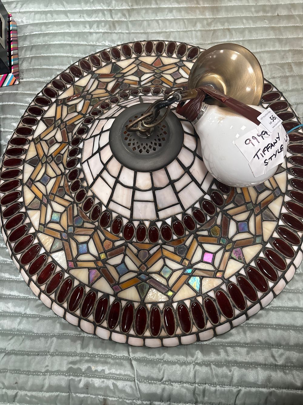 Lot 568: A Stained Glass and Cabochon Tiffany-Style Hanging Lamp Shade