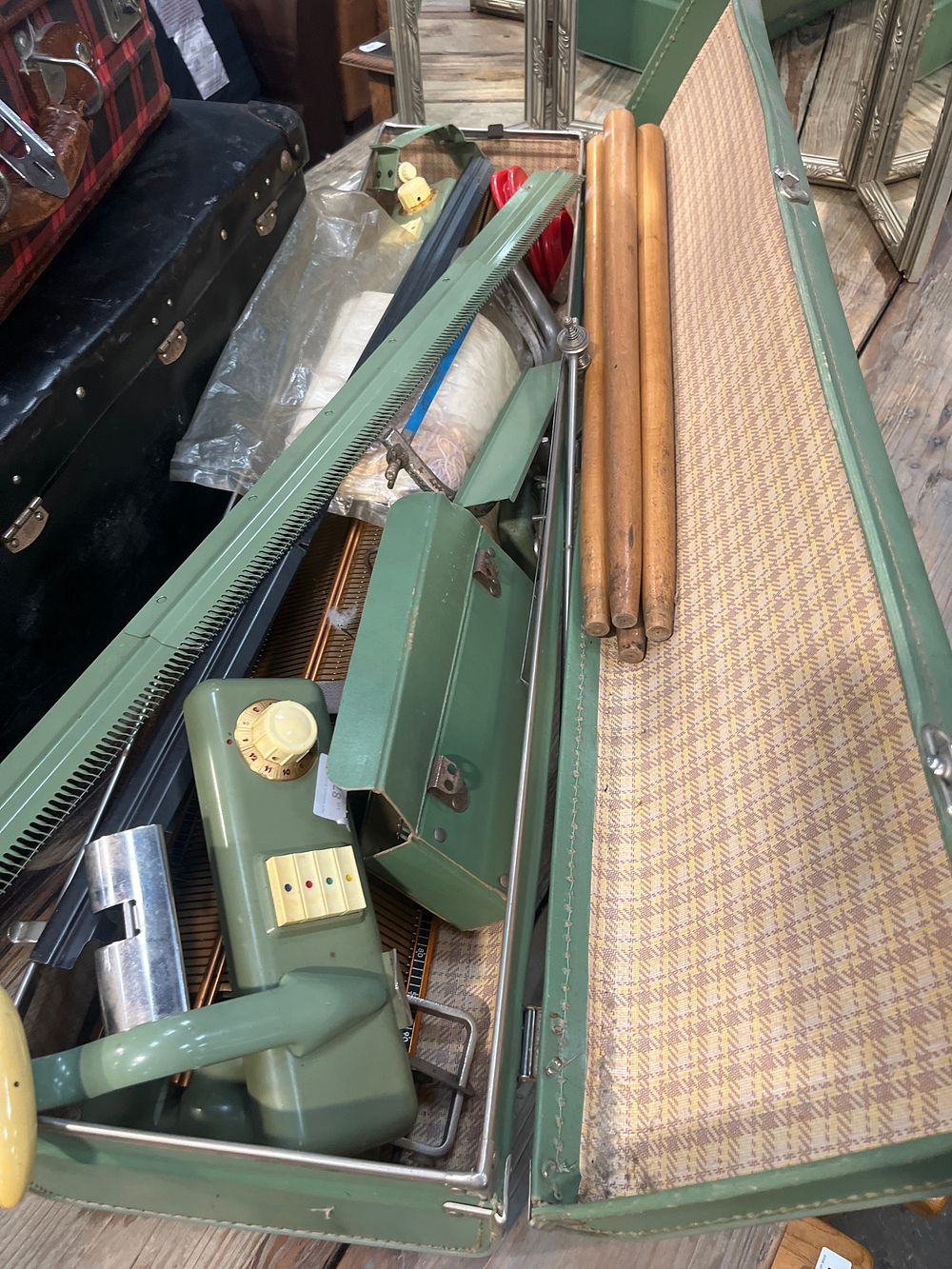 Lot 812: A Vintage Sage Green Manual Knitting Machine Set