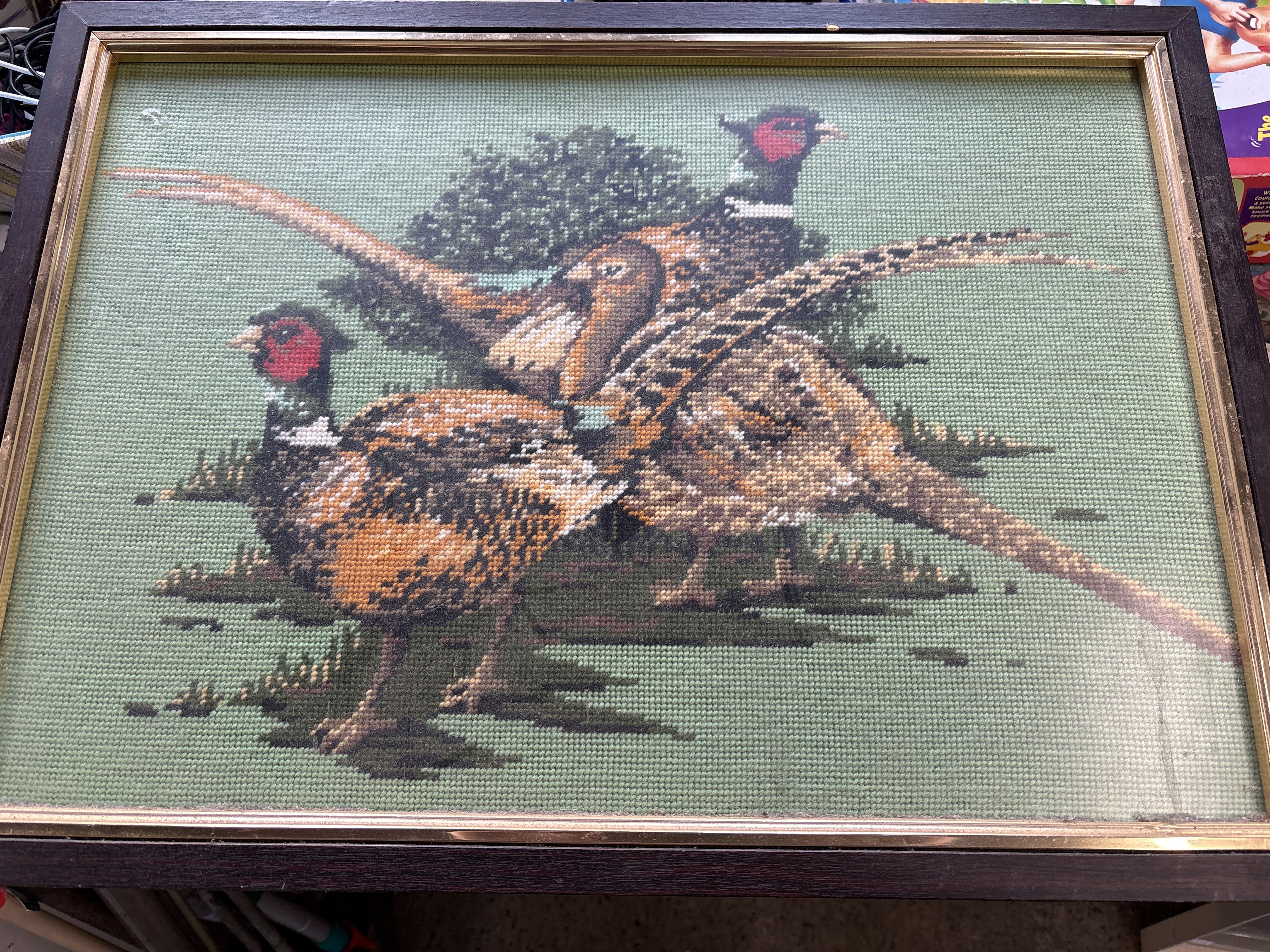 Vintage Framed Needlepoint Tapestry Depicting Ring-Necked Pheasants