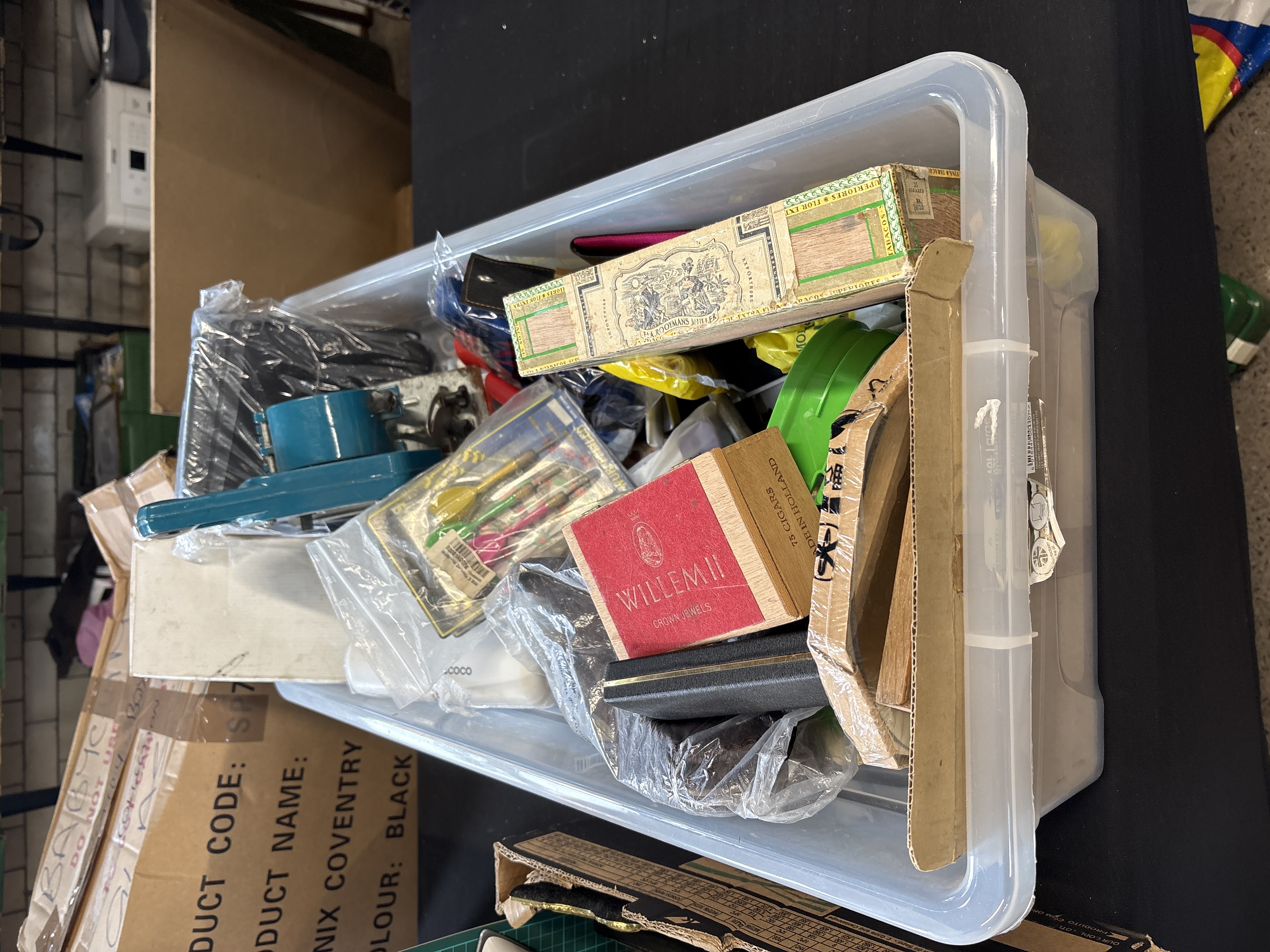 An Assortment of Vintage Cigar Boxes, Tool Attachments, and Miscellaneous Household Items