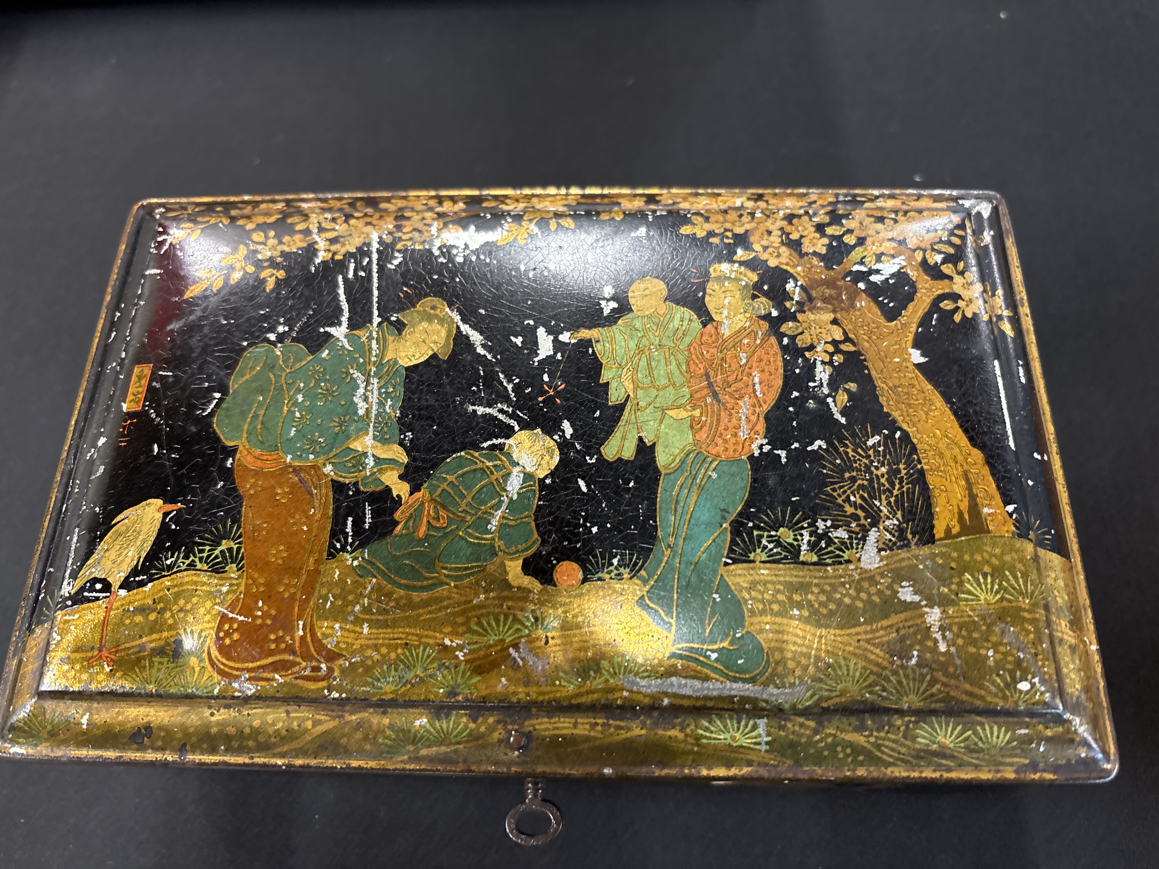 Antique Riley's Toffee Lithographed Chinoiserie Tin with Key