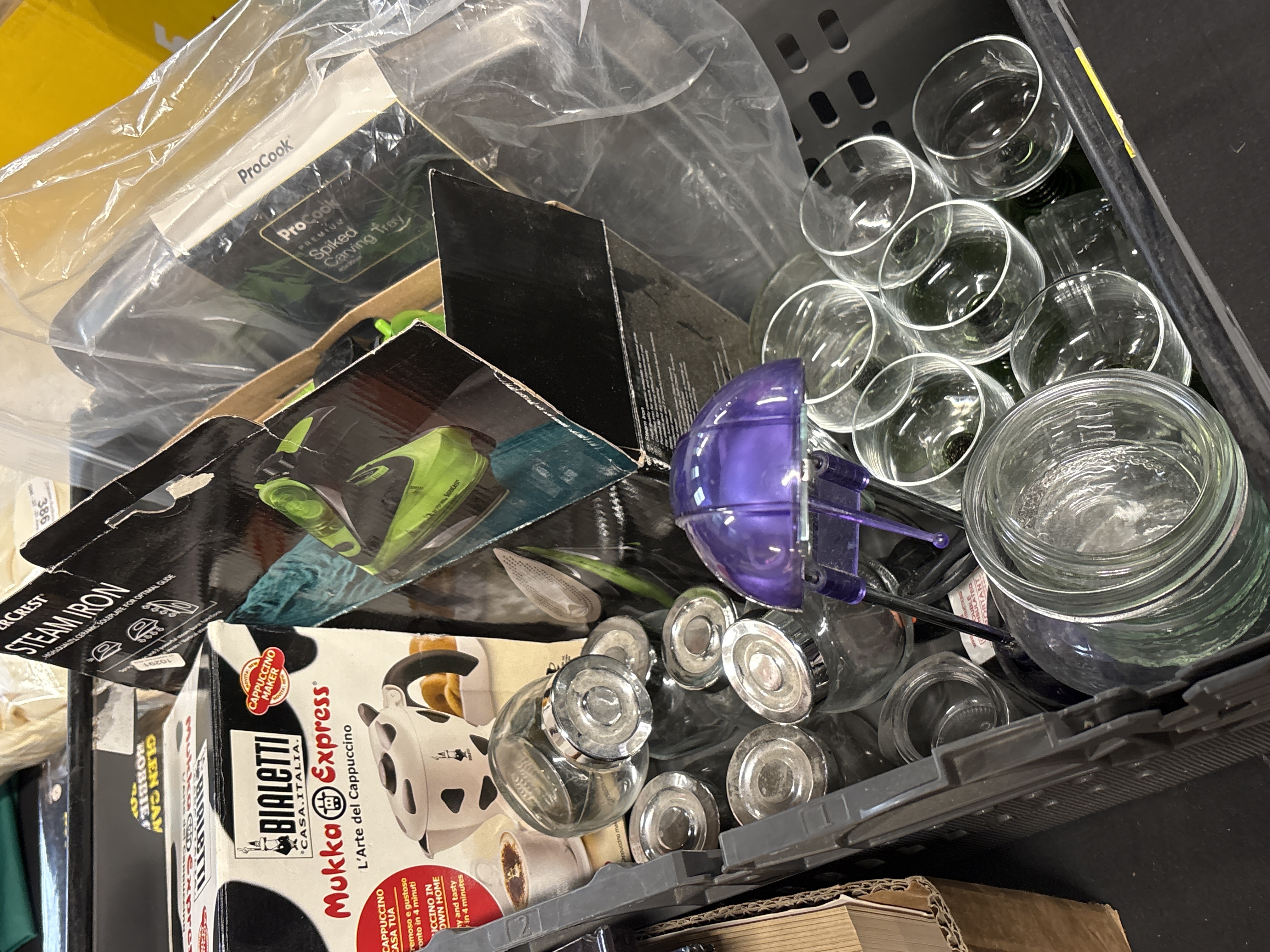 A Collection of Mixed Household and Kitchen Goods Including Bialetti, C-Crest, and ProCook Small Appliances and Glassware