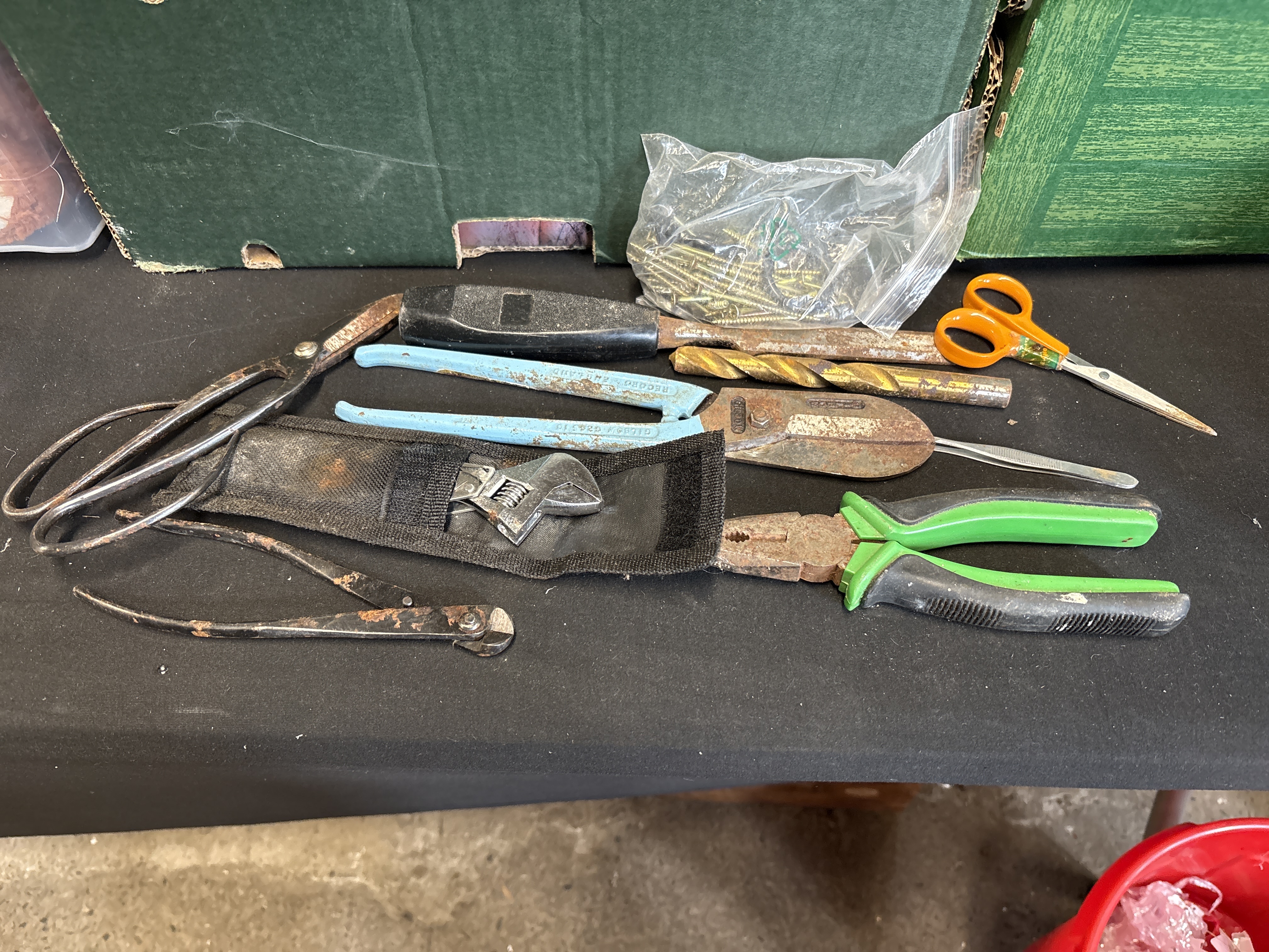 An Assortment of Hand Tools and Hardware Including Record Gilbow Tin Snips