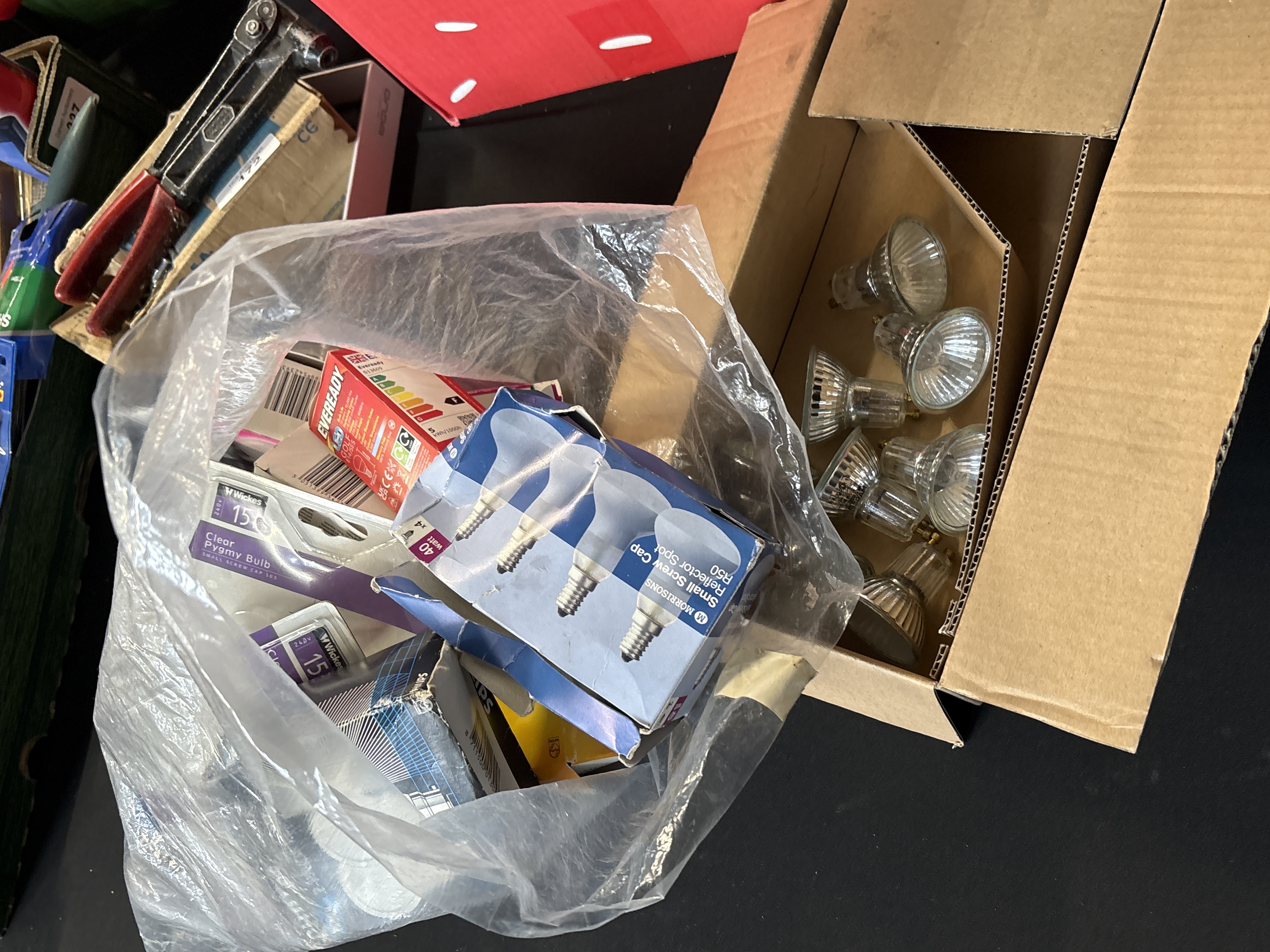 An Assortment of Household Light Bulbs and Hand Tools including Morrisons and Wickes
