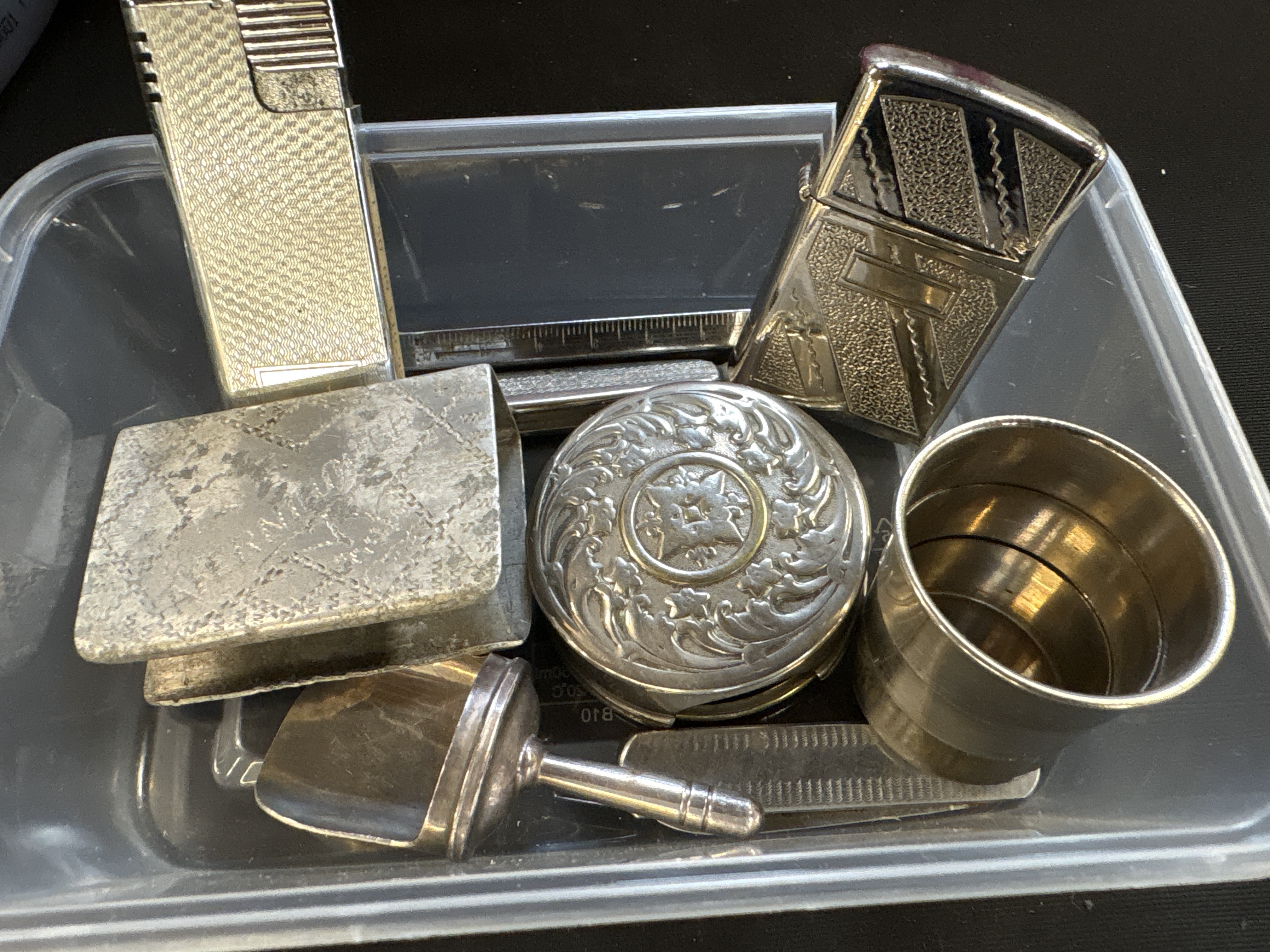 A Collection of Silver-Plated Smoking and Vanity Articles includes a collapsible metal Victorian shot cup
